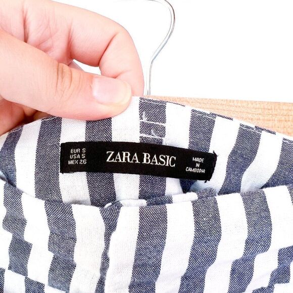 Zara White Blue Gray Striped Paper Bag 100% Cotton Pants Small - Picture 4 of 8